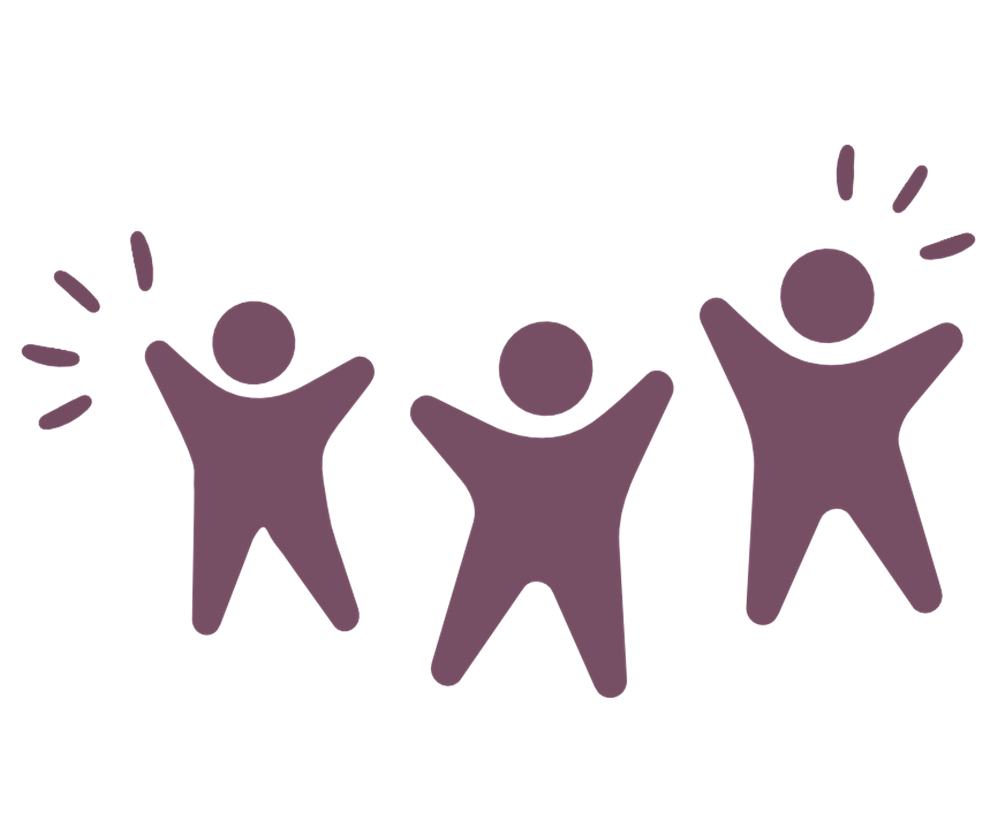 Logo Dreier-Gruppe Drei lila Logo-Figuren stehen als Gruppe zusammen und winken.