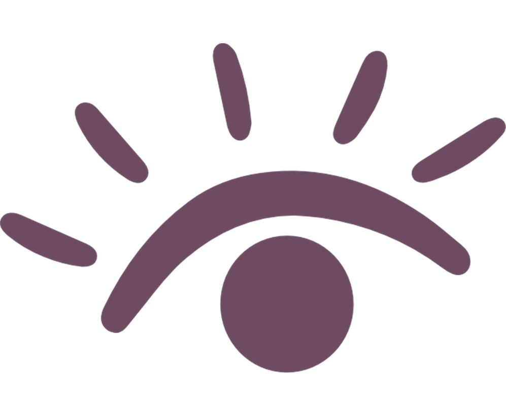 Auge-Logo Ein lila Auge, bestehend aus dem Kopf der Logo-Figur, darüber din Augenlid mit Wimpern.